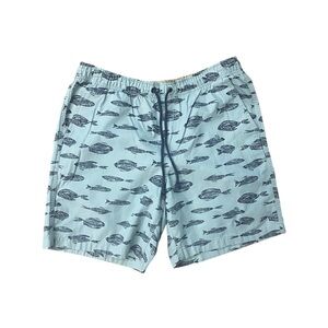 L.L. Bean Classic Fit Cadet Blue Swim Shorts with Navy Fish Print Size Large